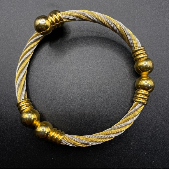 Stainless Steel Mixed Metals Gold & Silver Tone Cable Bangle Bracelet - Picture 3 of 7